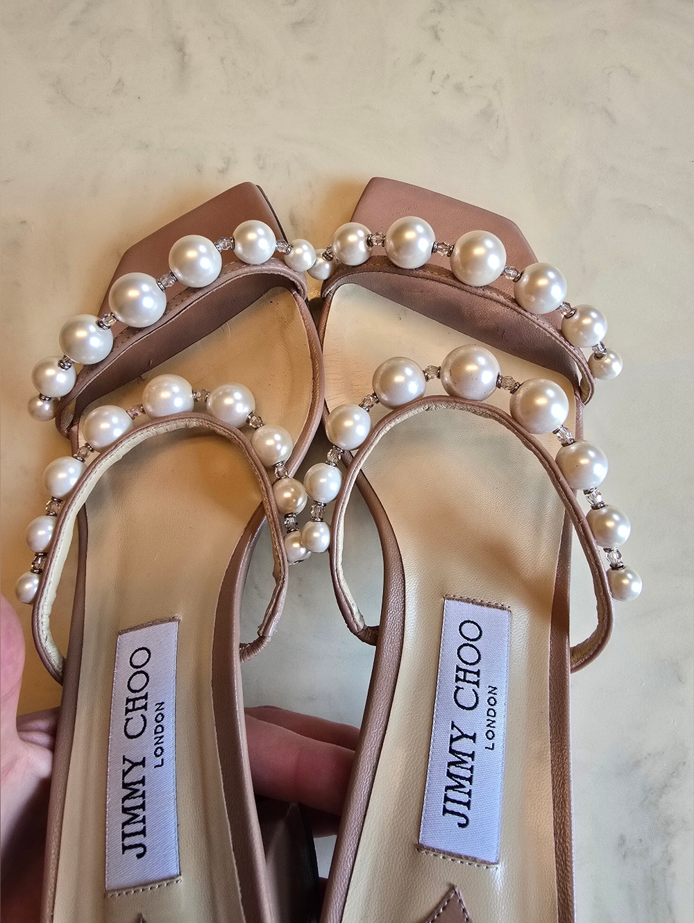 Jimmy Choo Amara Beige Pearl Embellished Slide Sandal Size 39 - Picture 6 of 11